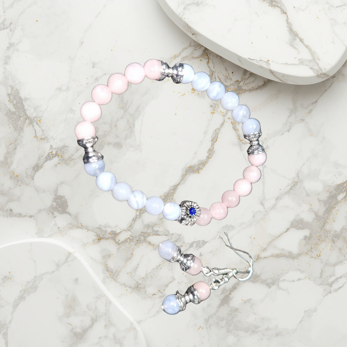 Rose Quartz and Blue Angelite Bracelet and Earrings
