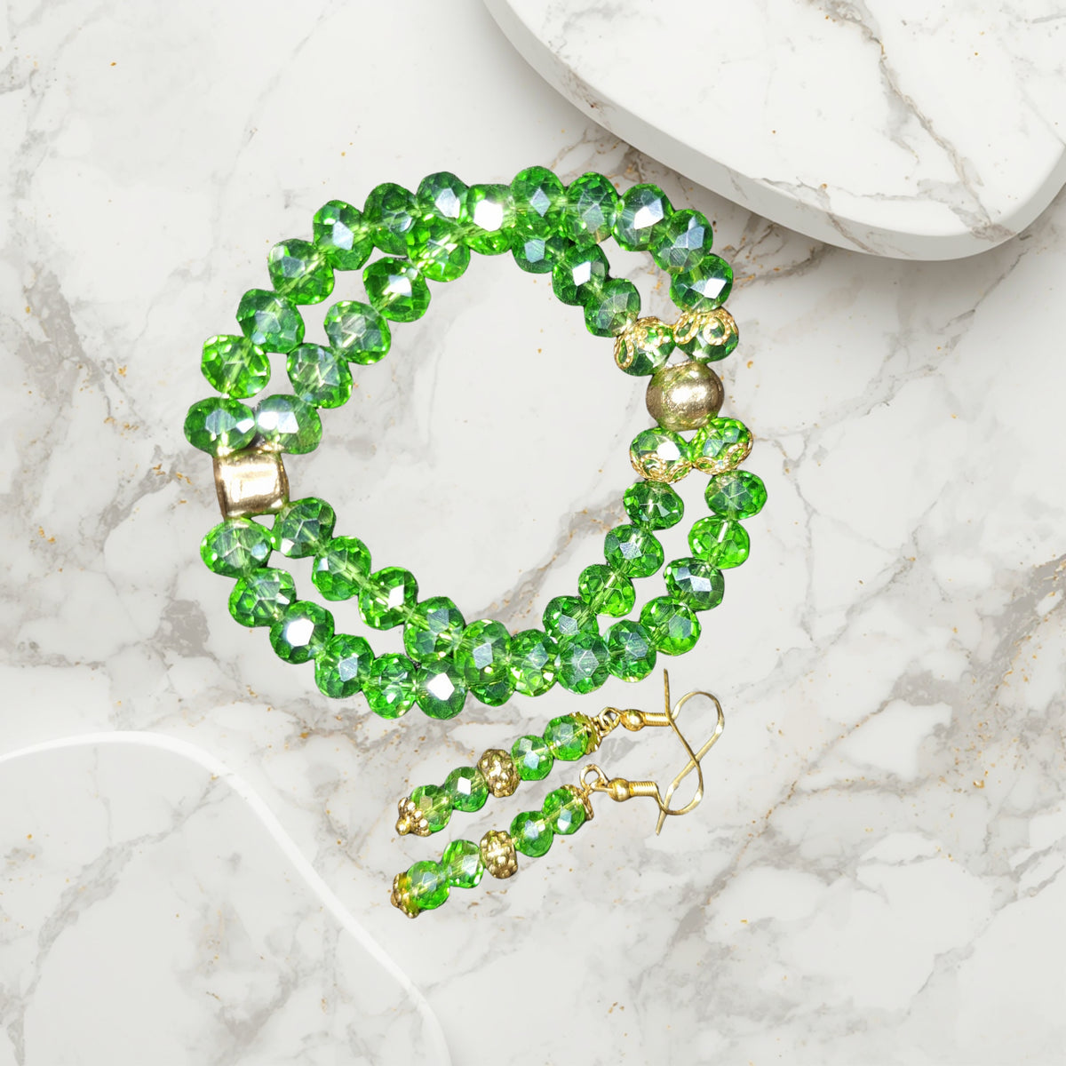 Green and Gold Bracelet and Earrings