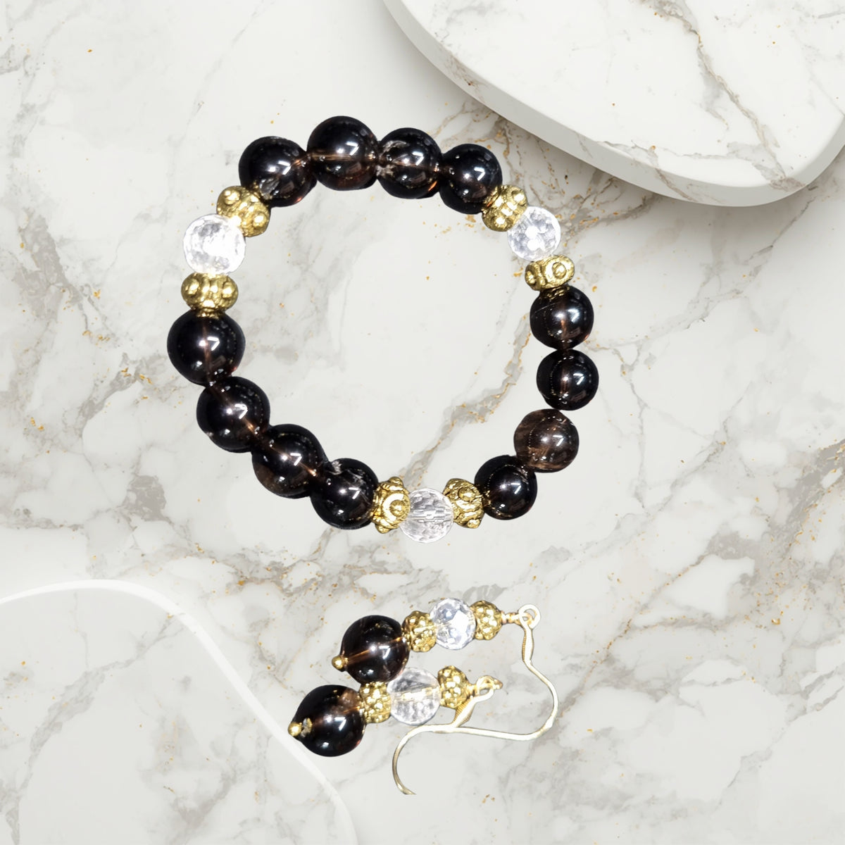 Smoky Quartz and Clear Quartz Bracelet and Earrings