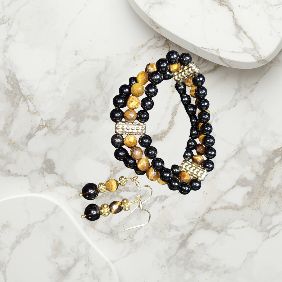 Obsidian, Tiger's Eye and Black Tourmaline Bracelet and Earrings