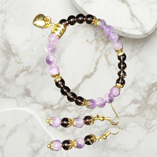 Amethyst and Smokey Quartz Bracelet and Earrings
