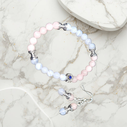 Rose Quartz and Blue Angelite Bracelet and Earrings