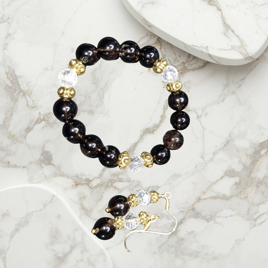 Smoky Quartz and Clear Quartz Bracelet and Earrings