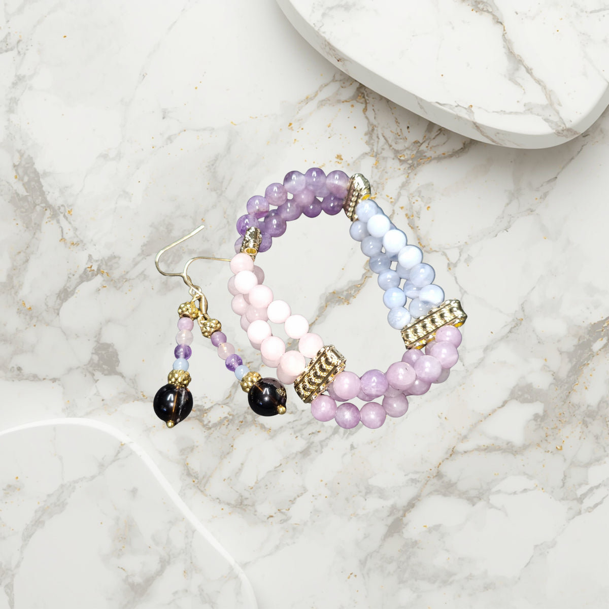 Amethyst, Lepidolite, Rose Quartz and Angelite Bracelet and Earrings