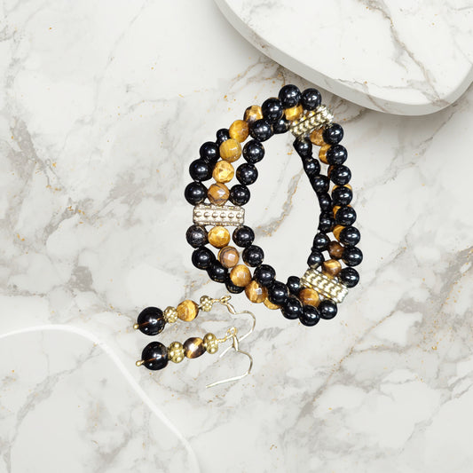 Obsidian, Tiger's Eye and Black Tourmaline Bracelet and Earrings